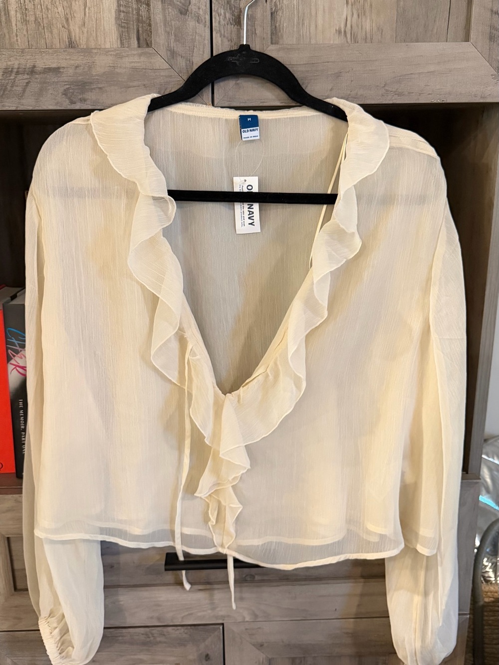 Old Navy Cream Sheer Ruffle V-Neck Blouse